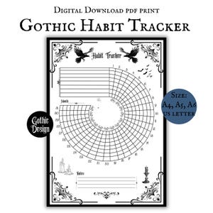 May include: A black and white Gothic Habit Tracker PDF print. The design includes a circular habit tracker, a section for notes, and decorative elements such as ravens, bats, and ornate borders. The size options are A4, A5, A6, and US Letter.