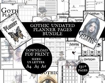 Gothic Planner Pages Undated PDF Printable Download Bundle US Letter, A4, A5, A6, Minimalistic Goth Journal Pagan Calendar Diary Pages Daily