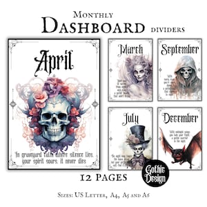 Könnte beinhalten: Zwölf druckbare Seiten mit gotisch inspirierten Illustrationen für jeden Monat des Jahres. Jede Seite enthält einen Schädel, Blumen und ein Zitat. Die Seiten sind für die Verwendung als Dashboard-Teiler konzipiert. Der Text auf der Seite lautet "Monatliche Dashboard-Teiler".