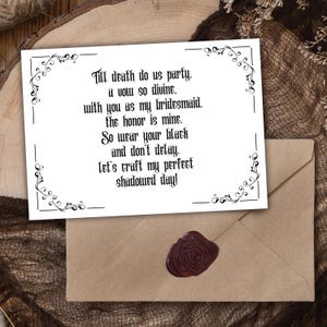 Cartão de proposta de madrinha gótica, cartão de casamento gótico preto, seja minha madrinha, cartão engraçado de casamento escuro, cartão de poema gótico pessoal para impressão em PDF para download