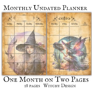 May include: A printable monthly planner with a witch and fairy theme. The planner has 18 pages and is undated. The witch is depicted in a purple and pink setting with a full moon and stars. The fairy is depicted in a forest setting with a mushroom and flowers.