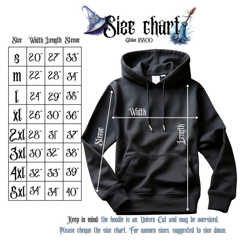 以下が含まれることがあります： 黒いフード付きスウェットシャツのサイズチャート。チャートは、Sから5XLまでのサイズについて、幅、長さ、袖の長さをインチで示しています。また、「Gildan 18800」というテキストも表示されています。