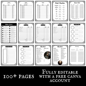 May include: A black and white printable wedding planner with 100+ pages. The planner includes sections for a timeline, guest list, budget, seating chart, checklist, and ceremony. The planner is fully editable with a free Canva account.