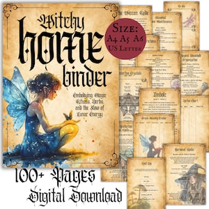 Könnte beinhalten: Digitaler Download eines "Witchy Home Binder" mit über 100 Seiten. Das Cover zeigt eine Fee in einem blauen Kleid mit Schmetterlingsflügeln. Der Ordner enthält Seiten zu magischen Ritualen, Kräutern und Mondenergie. Erhältlich in A4, A5, A6 und US Letter Größen.