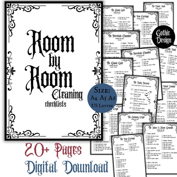 Gothic kamer voor kamer schoonmaakchecklist Afdrukbare download pdf-pagina's Dagelijkse wekelijkse schoonmaak Organizer Checklist ADHD-schema Goth Planner