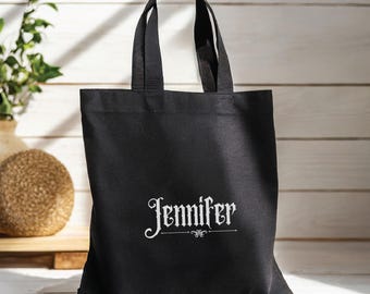 Custom Gothic Name Bag Black with Personal Name Dark Academia Tote Bag Aesthetic Goth Bag Black Cotton Canvas Tote Bag, Emo Shoulder Bag