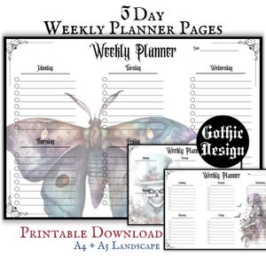 May include: Printable weekly planner pages featuring a watercolor butterfly design. The planner includes sections for Monday, Tuesday, Wednesday, Thursday, and Friday. The text "5 Day Weekly Planner Pages" and "Printable Download A4 + A5 Landscape" is included in the image.