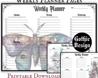 Gothic Weekly Planner Pages Pagan Design Printable PDF Download Planner, Witchy Weekly Planning A4 A5 Digital Download Goth Core 5 Day Week