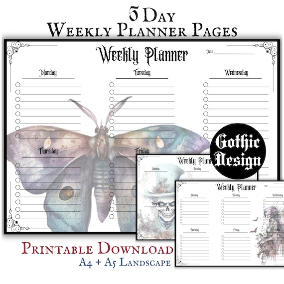Gothic Weekly Planner Pages Pagan Design Printable PDF Download Planner, Witchy Weekly Planning A4 A5 Digital Download Goth Core 5 Day Week