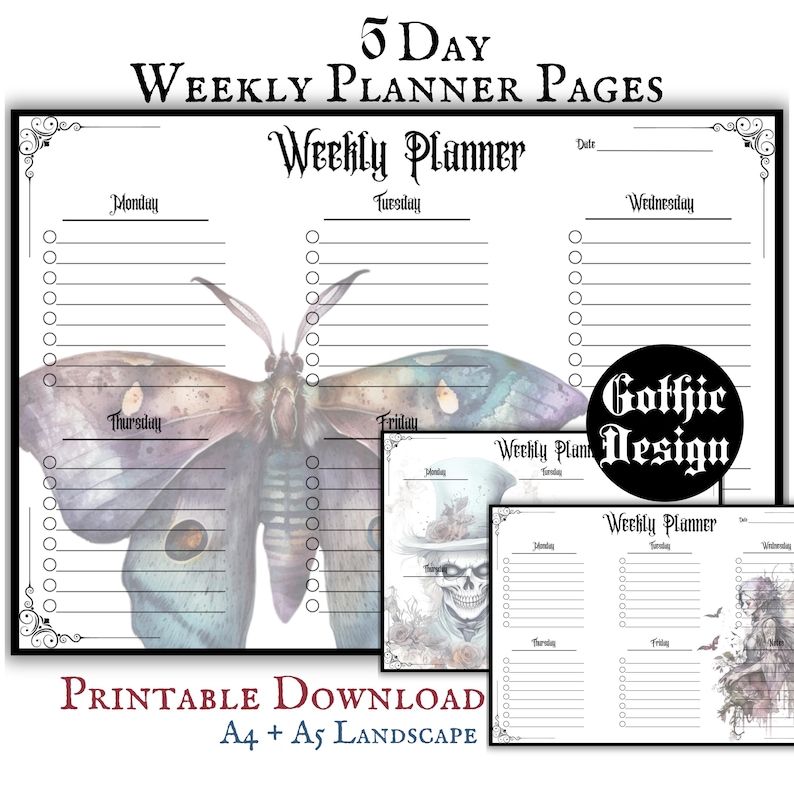 May include: Printable weekly planner pages featuring a watercolor butterfly design. The planner includes sections for Monday, Tuesday, Wednesday, Thursday, and Friday. The text "5 Day Weekly Planner Pages" and "Printable Download A4 + A5 Landscape" is included in the image.
