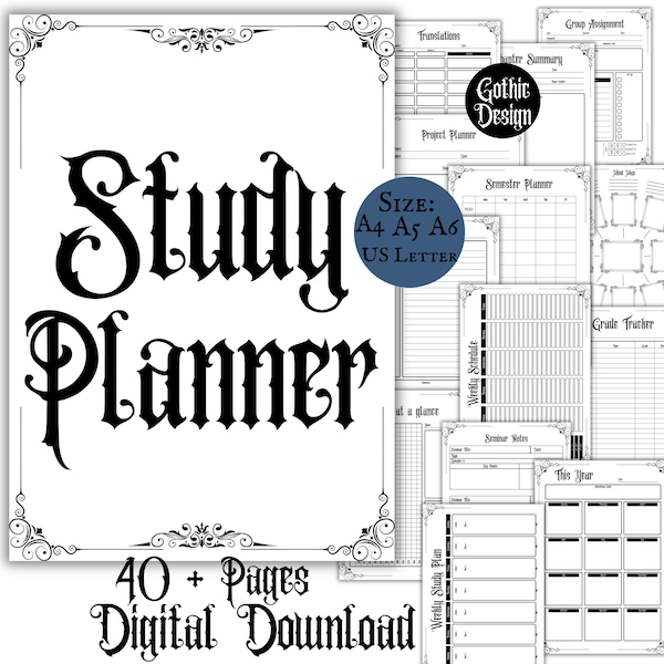 Páginas de planificador estudiantil gótico, planificador académico digital, planificación escolar, tareas universitarias, planificador imprimible gótico de brujas en PDF.