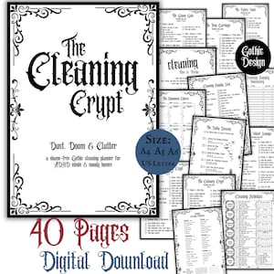 May include: A 40-page digital download cleaning planner titled The Cleaning Crypt, featuring black text and ornate borders on white paper. Includes various checklists like The Daily Descent and Cleaning Supply Inventory in A4, A5, A6, and US Letter sizes.