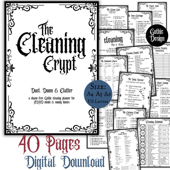 Gothic ADHD Cleaning Planner Printable Download PDF Pages Daily Weekly Room By Room Cleaning Organizer Checklist ADHD Schedule Goth Planner