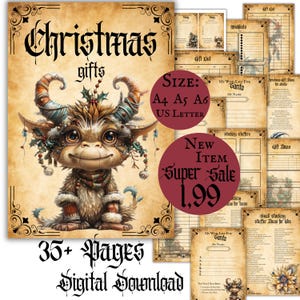 May include: Digital download of Christmas gift planning pages. The cover features a whimsical creature with horns and festive decorations. Includes gift lists, stocking stuffer ideas, and wish lists. Available in A4, A5, A6, and US Letter sizes.
