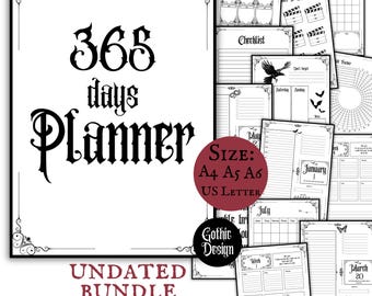 Gothic 365 Days Planner Bundle Printable Downloadable Planner Pages Year Monthly Weekly Undated Minimalistic Goth Core All in One Planner