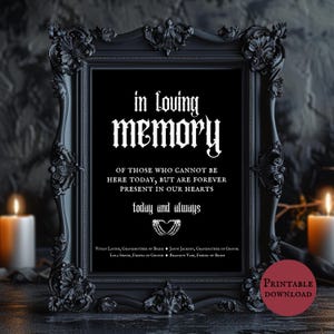May include: A black framed sign with white text that reads "in loving memory of those who cannot be here today, but are forever present in our hearts today and always". The sign also includes the names of loved ones who have passed away.