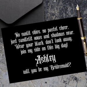 Cartão de proposta de madrinha gótica personalizada, casamento gótico preto, seja minha madrinha, cartão engraçado, casamento escuro, poema gótico pessoal para impressão, download