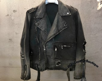 Men Black Zipper Destroyed Punk Ripped Design Denim Jacket Coat