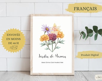 Impresión de jardín familiar, regalo para el Día de la Madre, flores de nacimiento personalizadas, impresión digital, arte mural francés