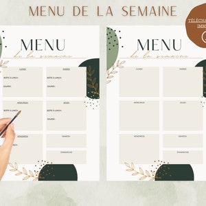 May include: A printable weekly menu planner with a green, brown, and gold color scheme. The planner has a title that says "Menu de la semaine" and includes spaces to write in meals for each day of the week.