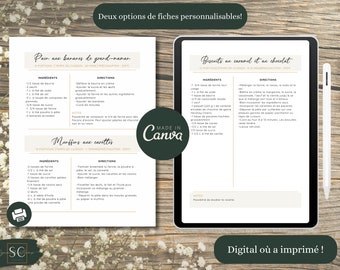 Recipe card template, printable recipe, digital recipe card, Canva, editor, 8.5x11 recipes, food planner, French
