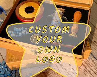 May include: A wooden box with a star-shaped overlay that says "CUSTOM YOUR OWN LOGO". The box contains a variety of wax seal supplies, including a wax melting spoon, wax sticks, and a wooden handle stamp.