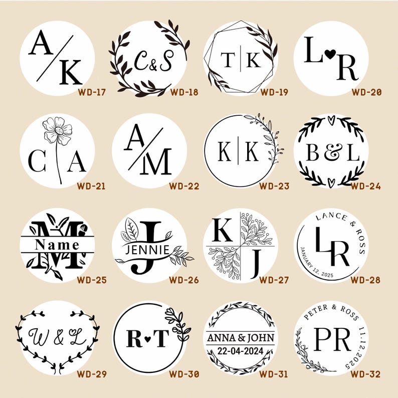Pu&ograve; includere: Un set di 12 timbri rotondi in legno bianco con inchiostro nero. Ogni timbro presenta un design diverso, tra cui iniziali, nomi e date. I timbri sono perfetti per aggiungere un tocco personale a inviti, biglietti e altri articoli di carta.