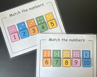 May include: Two printable worksheets with the text "Match the numbers" and colorful dice with dots representing numbers 1 through 10.
