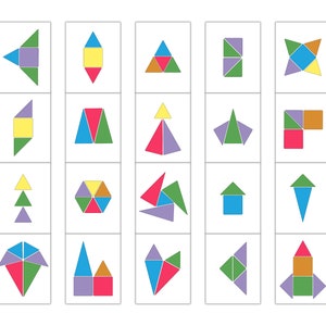 May include: A collection of 20 cards, each featuring a unique geometric design composed of colorful triangles, squares, and other shapes. The designs are arranged on a white background, showcasing a variety of abstract patterns and forms.