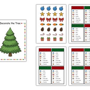 May include: A collection of Christmas-themed educational materials. Includes a green Christmas tree illustration with the text "Decorate the Tree". Also features cards with Christmas decorations and fill-in-the-blank activities.