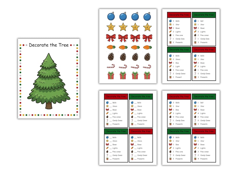 May include: A collection of Christmas-themed educational materials. Includes a green Christmas tree illustration with the text "Decorate the Tree". Also features cards with Christmas decorations and fill-in-the-blank activities.