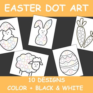 May include: Ten black and white printable Easter dot art designs featuring a bunny, chick, lamb, carrots, and eggs.  The designs are perfect for kids to practice fine motor skills and colour recognition.