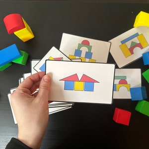 Flashcards de blocos de madeira - Blocos de construção - Padrões, formas, cores Jogo de atividade para pré-escola, crianças pequenas, Montessori, educação domiciliar