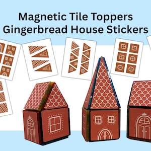 Op de afbeelding: Gemberkoekjes huisstickers en magnetische tegeltoppers. De afbeelding toont drie geassembleerde gemberkoekjes huismodellen met rode muren en witte afwerking. Er zijn ook verschillende bedrukte vellen met gemberkoekjes huisdak- en wandontwerpen te zien.