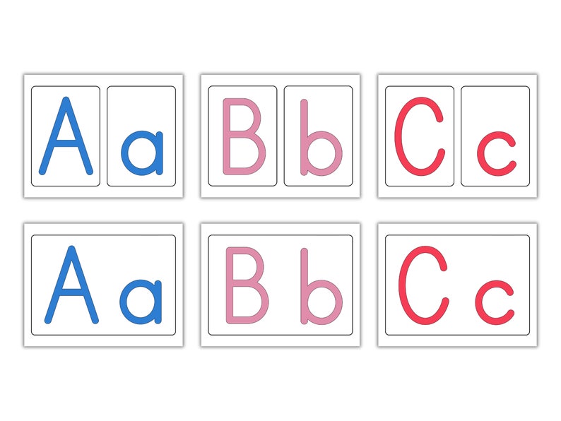 May include: Six white cards with black borders, each containing a capital and lowercase letter of the alphabet. The letters are A, B, and C. The letter A is blue, the letter B is pink, and the letter C is red.