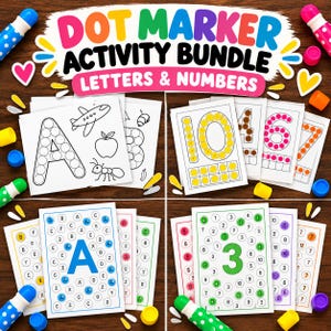 May include: A Dot Marker Activity Bundle featuring letters and numbers. The set includes white activity sheets with black outlines of letters, numbers, and shapes, surrounded by colorful dot markers in blue, green, pink, yellow, and orange.