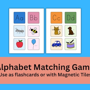 Peut inclure: Jeu d'association de l'alphabet avec des cartes flash colorées. Chaque carte présente une lettre et une image correspondante. Les cartes incluent une fourmi, une abeille, une pomme, un ballon, un chat, un chien, une voiture et un tambour. Le texte dit "Jeu d'association de l'alphabet".