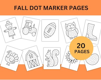 May include: A set of 20 Fall Dot Marker Pages. Each page displays a black and white outline of a fall-themed image, including a scarecrow, tractor, football, owl, boot, turkey, barn, squirrel, sunflower, and a pumpkin.