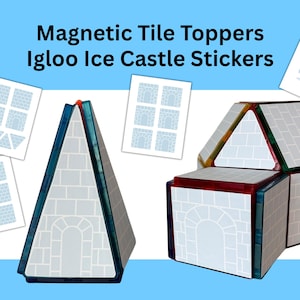 May include: Magnetic tile toppers and Igloo Ice Castle stickers. The image shows a white and blue toy castle made of magnetic tiles. The castle has a brick pattern and a door. The text "Magnetic Tile Toppers Igloo Ice Castle Stickers" is at the top.