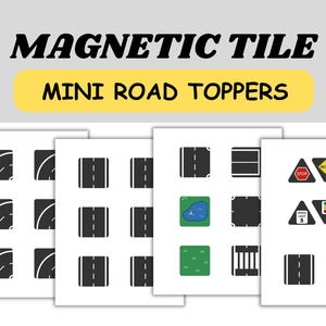 Könnte beinhalten: Mini-Straßenaufleger für Magnetfliesen. Das Bild zeigt verschiedene Straßendesigns, darunter gerade Straßen, kurvige Straßen, Kreuzungen und Verkehrsschilder. Die Verkehrsschilder umfassen Stoppschilder, Geschwindigkeitsbegrenzungen und Fußgängerüberwege. Der Text "MAGNETIC TILE" und "MINI ROAD TOPPERS" wird angezeigt.