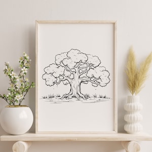May include: A black and white line drawing of a large tree with roots and grass. The drawing is framed and displayed on a shelf with a white vase and a bouquet of white flowers.