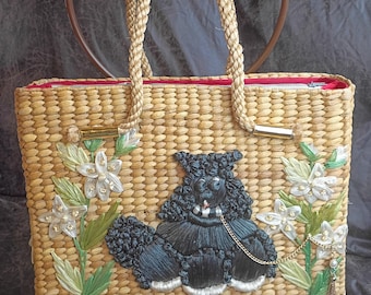 Vintage 1950s Raffia Straw Top Handle Handbag with Poodle and Floral Applique Made in Japan