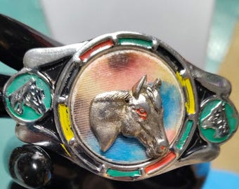 Vintage 1950s Children's Western Rodeo Belt Buckle | Enameled Horse & Ranch Motif | Junior Cowboy Cowgirl Collectible