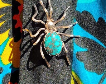 Vintage 1970's-80's Navajo Sterling and Turquoise Spider Brooch by Artist Elaine Sam (b1955-d2020)