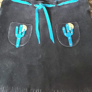 Vintage 1970s Girls Western Cowhide Vest & Skirt Set | Turquoise Cactus Fringe Outfit | Kids Cowgirl Rodeo Wear image 9