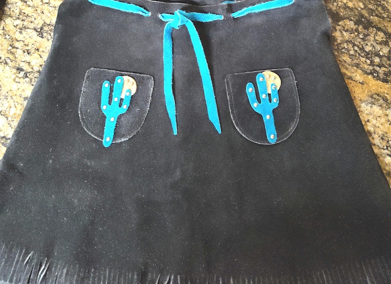 Vintage 1970s Girls Western Cowhide Vest & Skirt Set | Turquoise Cactus Fringe Outfit | Kids Cowgirl Rodeo Wear image 9