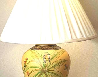 Vintage Chinese Hand Painted Porcelain Ginger Jar Urn Table Lamp Tropical Coastal Palms Parrots Macaws Flora with Shade Included!