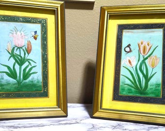 Vintage Indian Miniature Style Botanical Painting | Mughal-Inspired Floral with Butterfly | Framed 5x7 Artwork (Sold Individually)