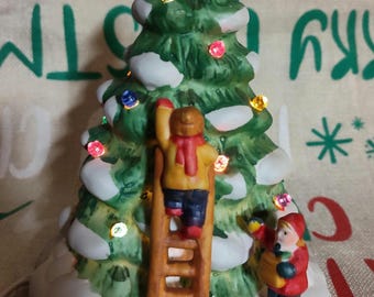 Vintage 90s Lemax Dickensvale Porcelain Lighted Christmas Tree with Children Decorating Tree IOB