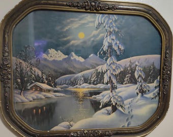 Fredrick D Ogden 1930s Snow Cap Mountain Lake Winter Scene Print with Original Antique Frame